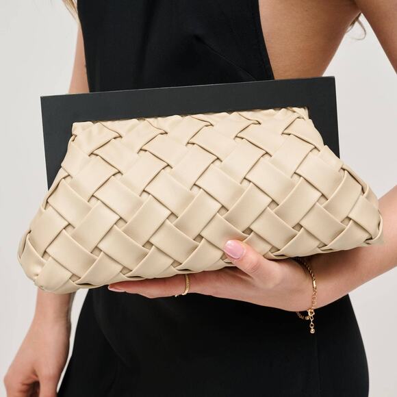Urban Expressions Handbags - Jamie Woven Clutch Wooden Frame Ivory Vegan Leather